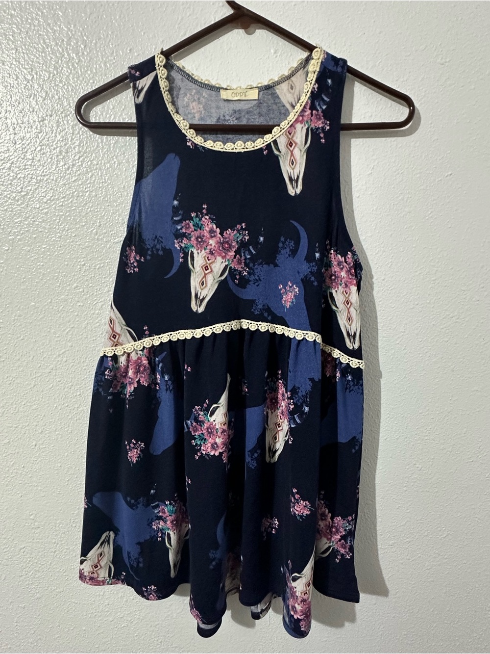 ODDY Womens Size Small Babydoll Lace Floral Sleeveless Blouse Western